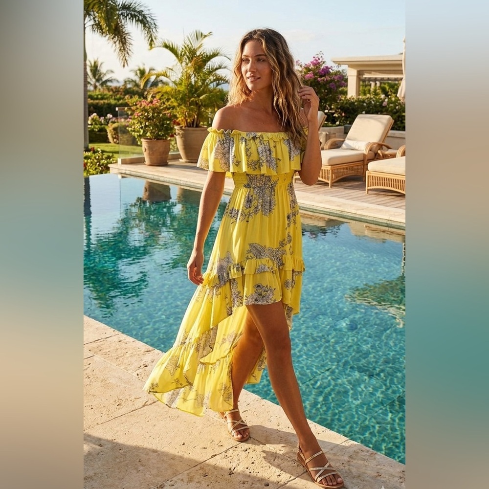 Skylar + Madison high low maxi dress summer dress yellow floral off the shoulder